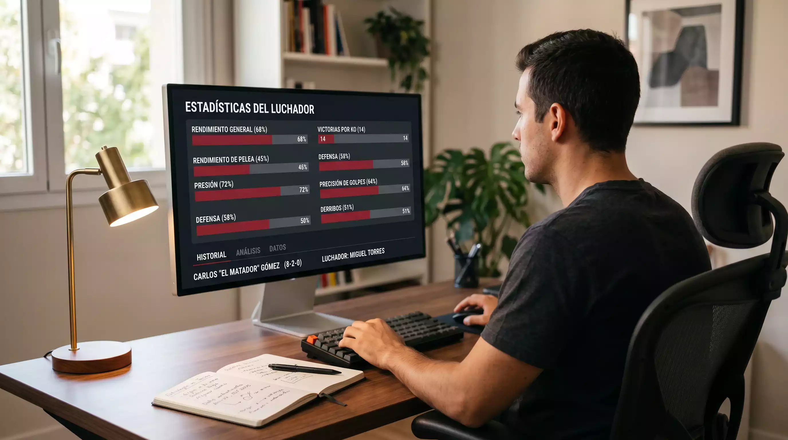 Analista revisando estadísticas de peleadores de MMA en una pantalla con gráficos