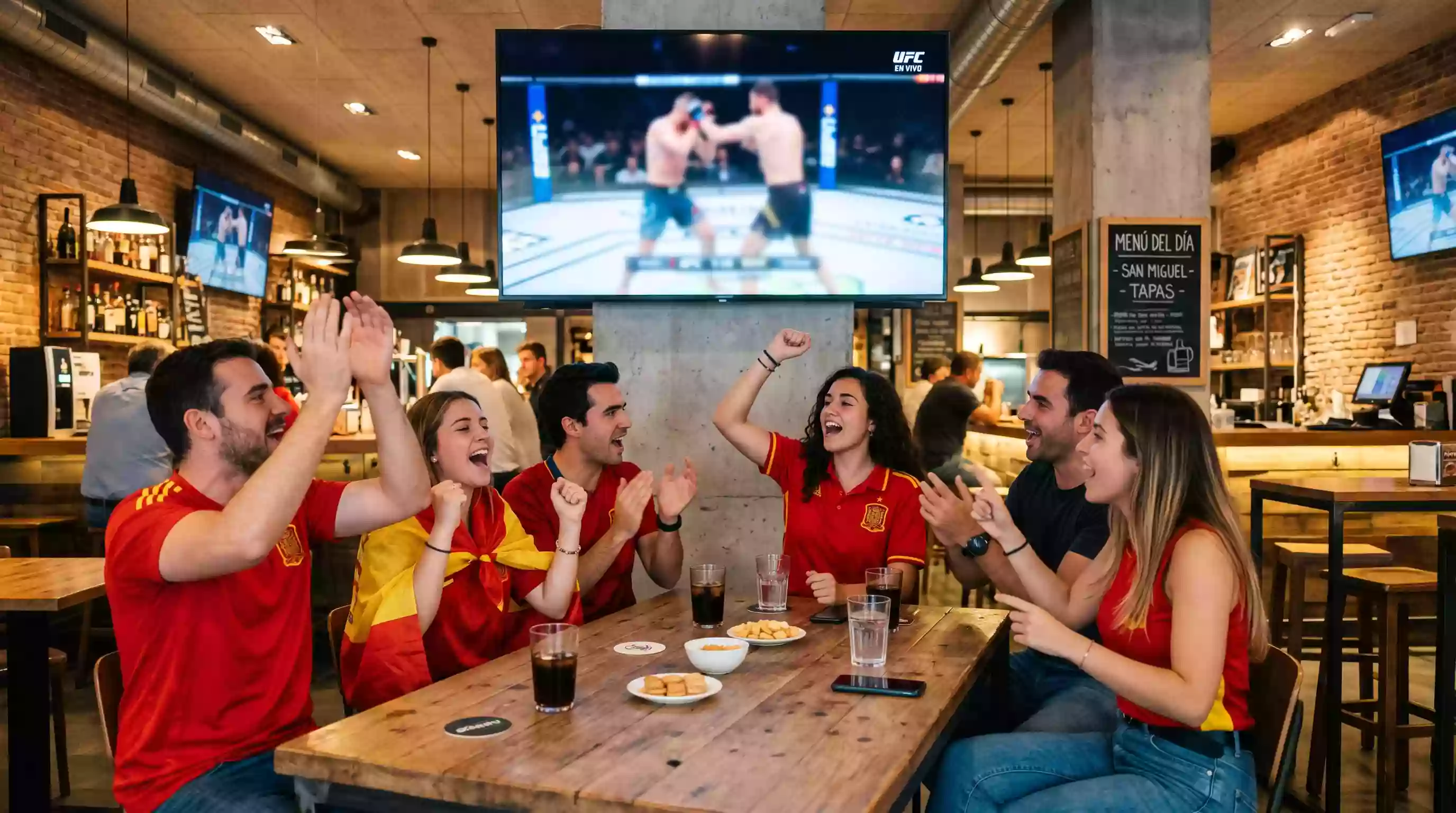 Aficionados españoles celebrando durante un evento de MMA con banderas de España